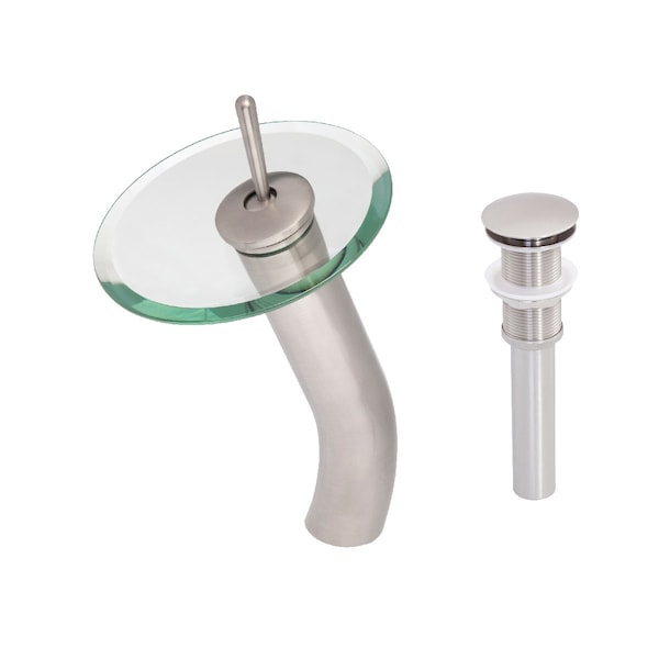 Novatto FALLS Single Lever Waterfall Vessel Faucet Set, Brushed Nickel/ Clear Glass GF-001BN-C-PUD - main